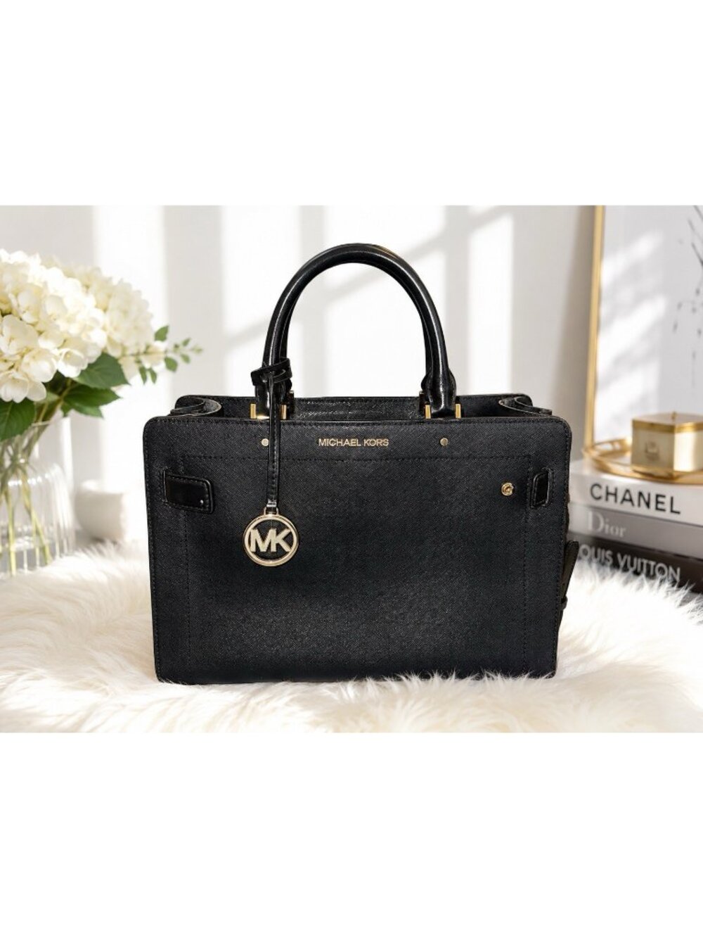 Michael Kors Rayne Medium East West Leather Satchel Gold MK Charm Bag